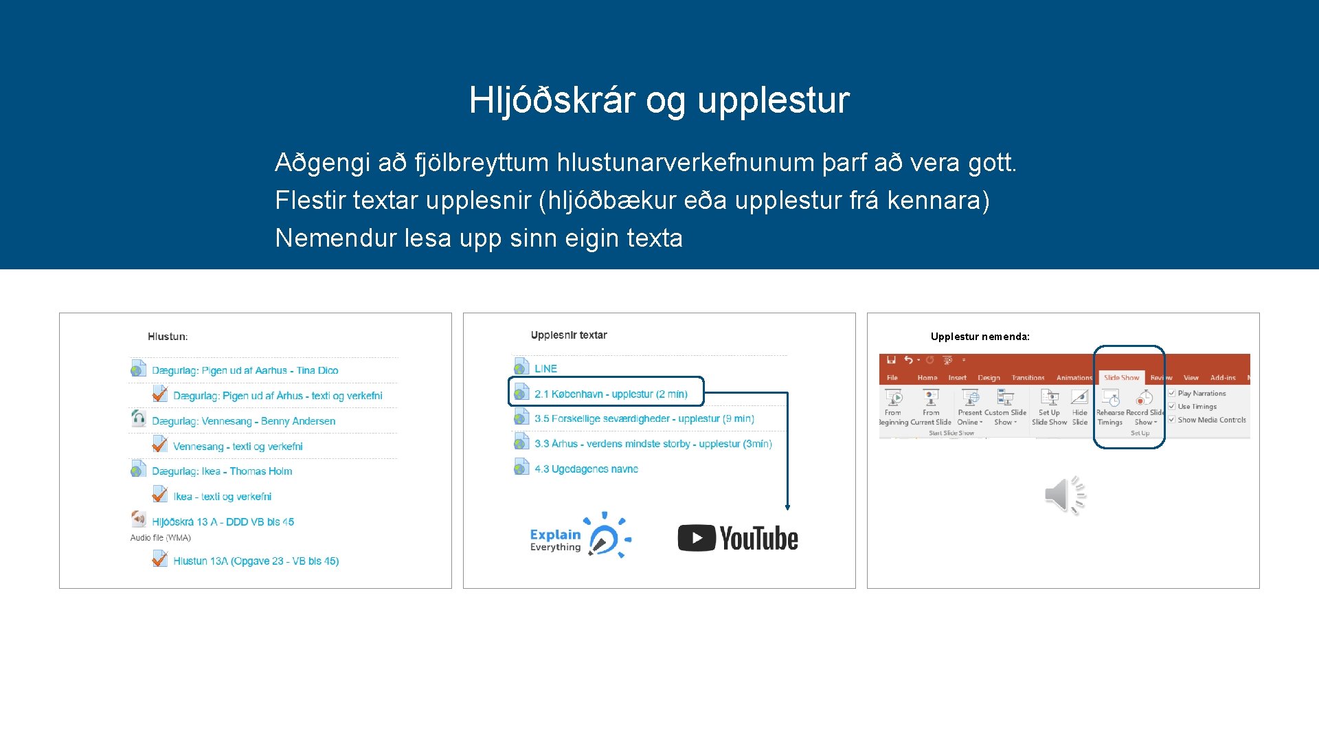 Hljóðskrár og upplestur Aðgengi að fjölbreyttum hlustunarverkefnunum þarf að vera gott. Flestir textar upplesnir
