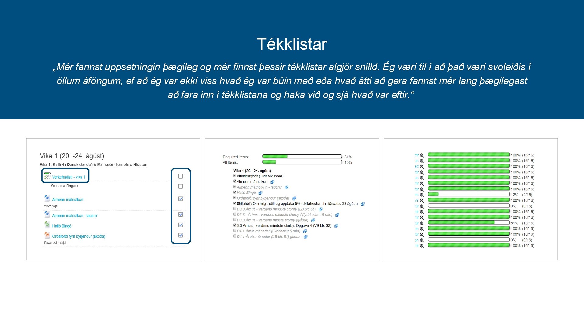 Tékklistar „Mér fannst uppsetningin þægileg og mér finnst þessir tékklistar algjör snilld. Ég væri