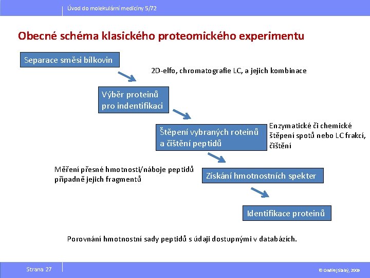 Úvod do molekulární medicíny 5/72 Obecné schéma klasického proteomického experimentu Separace směsi bílkovin 2