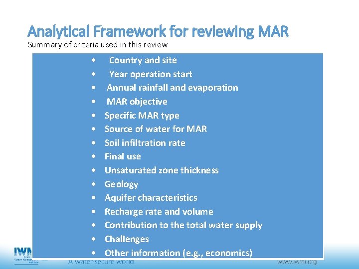 Analytical Framework for reviewing MAR Summary of criteria used in this review Country and