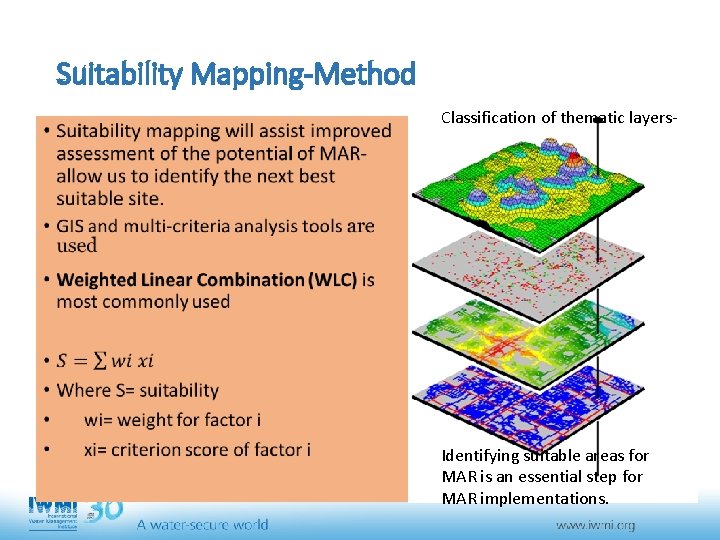 Suitability Mapping-Method • Classification of thematic layers- Identifying suitable areas for MAR is an