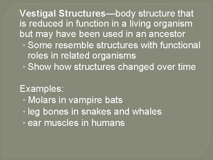 �Vestigal Structures—body structure that is reduced in function in a living organism but may