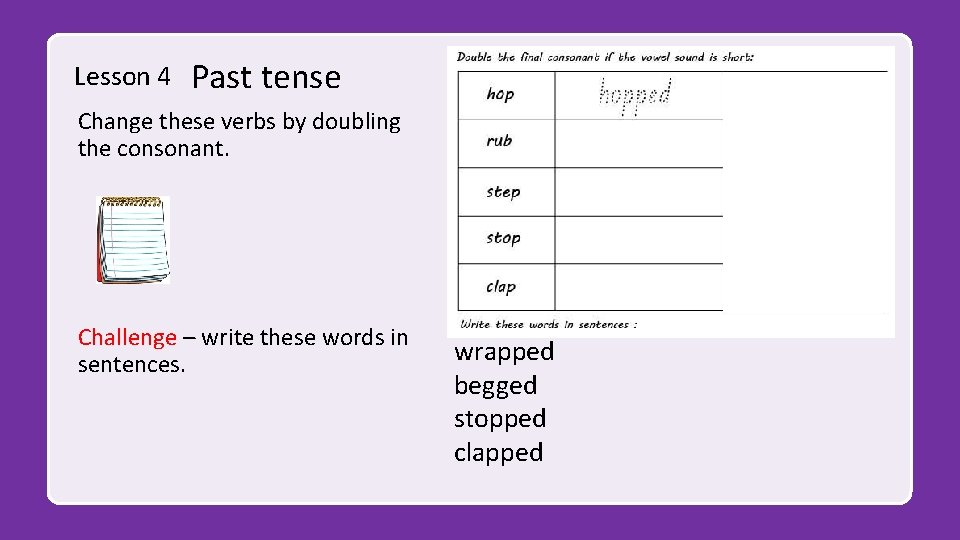 Lesson 4 Past tense Change these verbs by doubling the consonant. Challenge – write