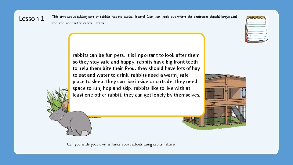 Lesson 1 This text about taking care of rabbits has no capital letters! Can