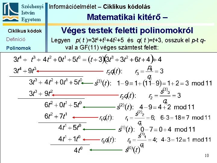 Széchenyi Információelmélet – Ciklikus kódolás István Matematikai kitérő Egyetem Ciklikus kódok Definíció Polinomok –