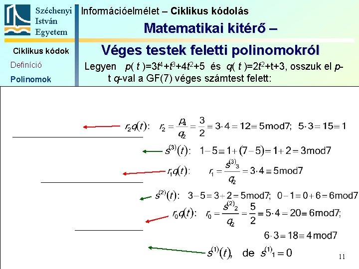 Széchenyi Információelmélet – Ciklikus kódolás István Matematikai kitérő Egyetem Ciklikus kódok Definíció Polinomok –