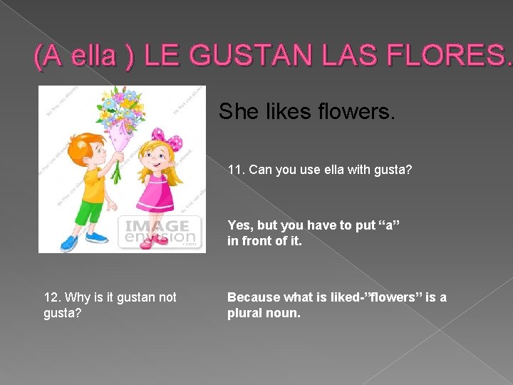 (A ella ) LE GUSTAN LAS FLORES. She likes flowers. 11. Can you use
