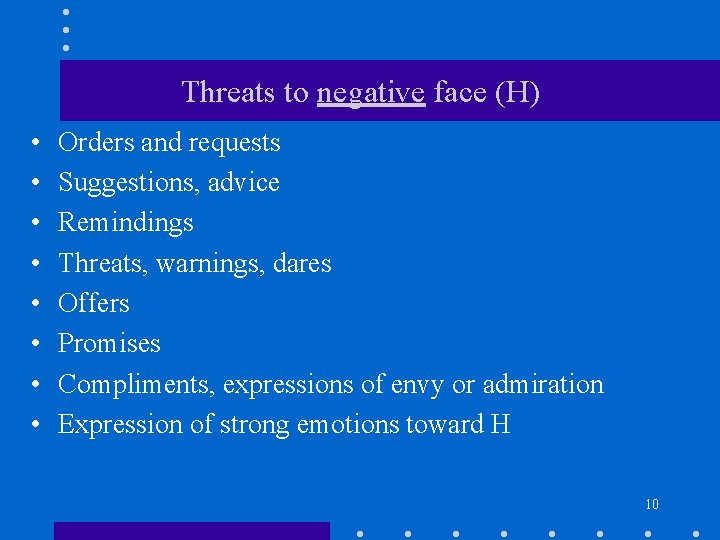 Threats to negative face (H) • • Orders and requests Suggestions, advice Remindings Threats,