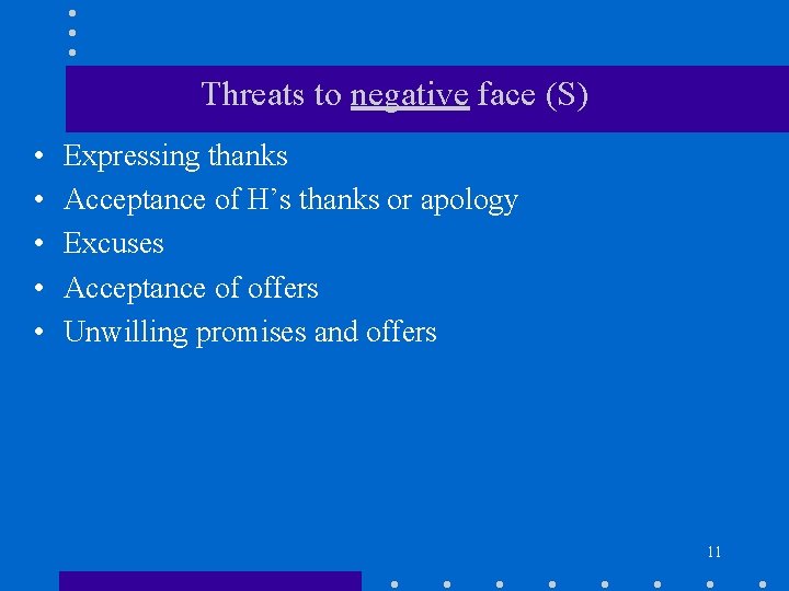 Threats to negative face (S) • • • Expressing thanks Acceptance of H’s thanks