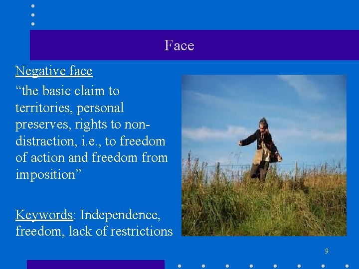 Face Negative face “the basic claim to territories, personal preserves, rights to nondistraction, i.