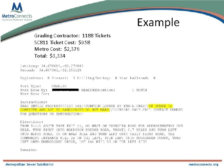 Example Grading Contractor: 1188 Tickets SC 811 Ticket Cost: $958 Metro Cost: $2, 376