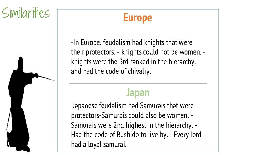 Similarities Europe -In Europe, feudalism had knights that were their protectors. - knights could