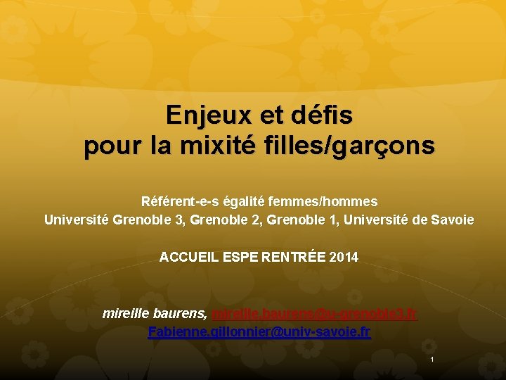 Enjeux et défis pour la mixité filles/garçons Référent-e-s égalité femmes/hommes Université Grenoble 3, Grenoble