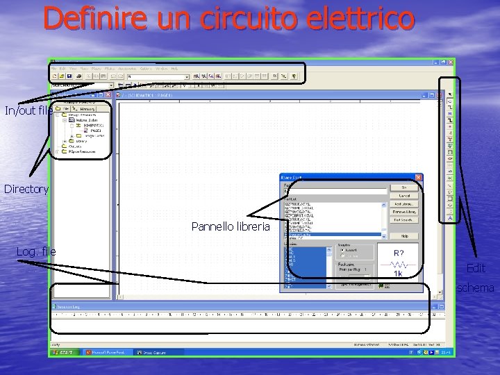 Definire un circuito elettrico In/out file Directory Pannello libreria Log. file Edit schema 