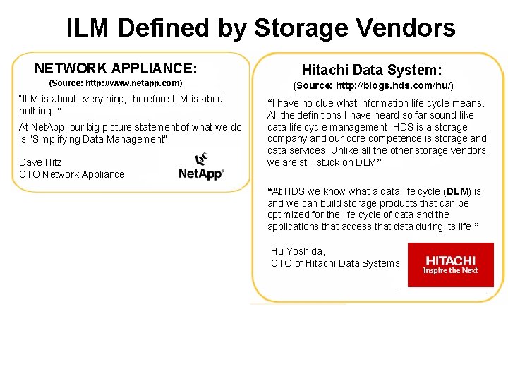 ILM Defined by Storage Vendors NETWORK APPLIANCE: Hitachi Data System: (Source: http: //www. netapp.