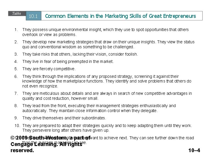 Table 10. 1 Common Elements in the Marketing Skills of Great Entrepreneurs 1. They