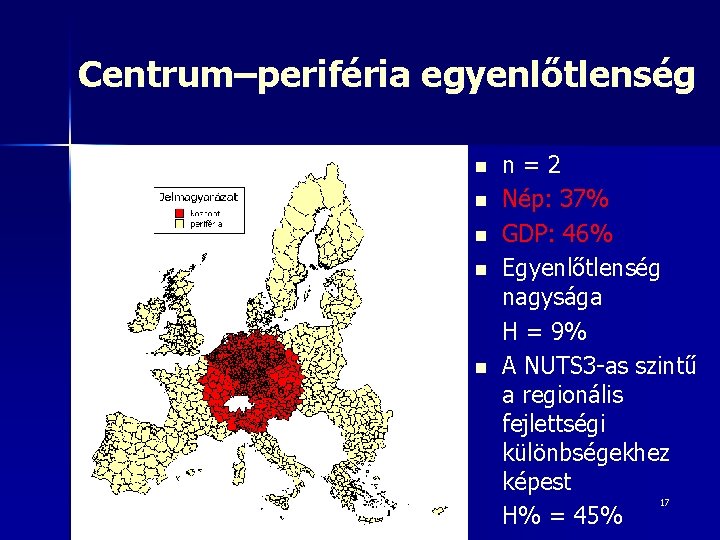 Centrum–periféria egyenlőtlenség n n n=2 Nép: 37% GDP: 46% Egyenlőtlenség nagysága H = 9%