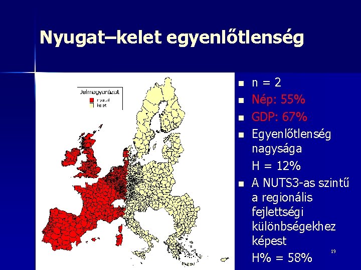 Nyugat–kelet egyenlőtlenség n n n=2 Nép: 55% GDP: 67% Egyenlőtlenség nagysága H = 12%