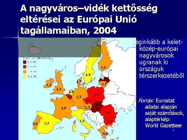 A nagyváros–vidék kettősség eltérései az Európai Unió tagállamaiban, 2004 n n n EU átlaga: