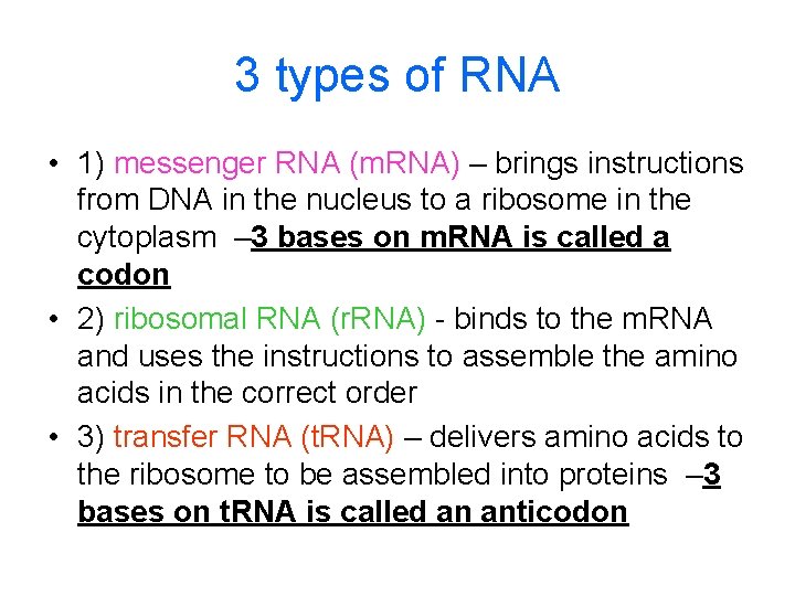 3 types of RNA • 1) messenger RNA (m. RNA) – brings instructions from 3 types of RNA • 1) messenger RNA (m. RNA) – brings instructions from