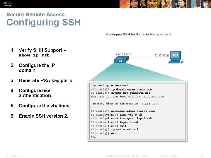 Secure Remote Access Configuring SSH 1. Verify SHH Support – show ip ssh 2.