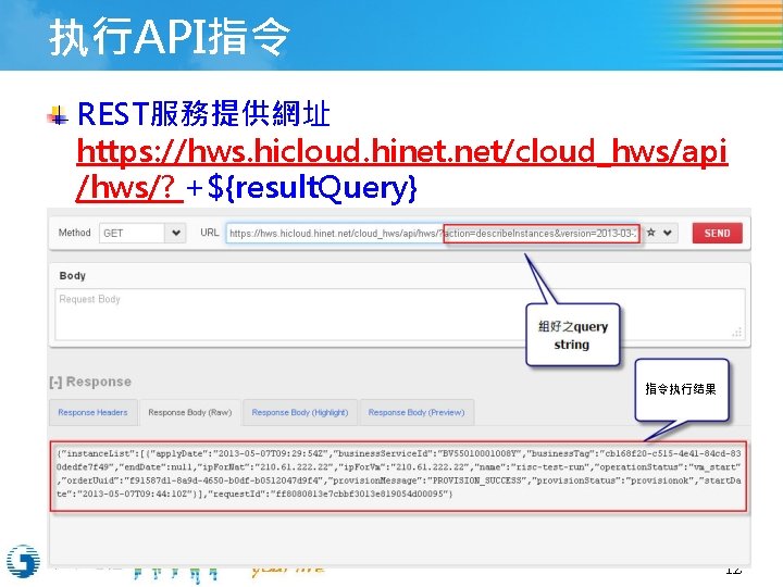 执行API指令 REST服務提供網址 https: //hws. hicloud. hinet. net/cloud_hws/api /hws/? +${result. Query} 指令执行结果 12 