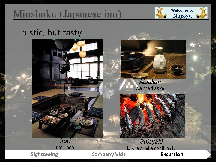 Minshuku (Japanese inn) Welcome to Nagoya rustic, but tasty… Atsukan warmed sake Irori Shioyaki