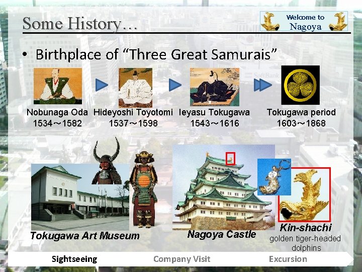Some History… Welcome to Nagoya • Birthplace of “Three Great Samurais” Nobunaga Oda Hideyoshi