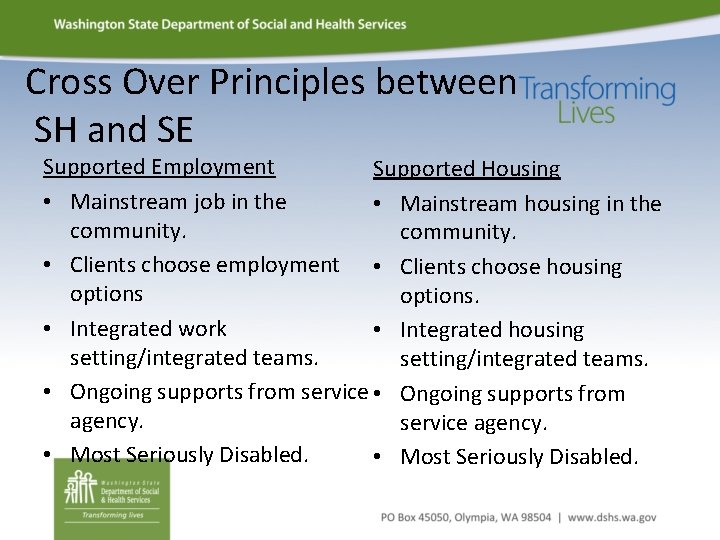 Cross Over Principles between SH and SE Supported Employment Supported Housing • Mainstream job