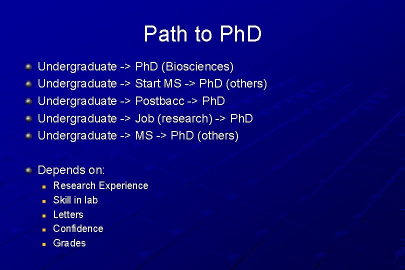 Path to Ph. D Undergraduate -> Ph. D (Biosciences) Undergraduate -> Start MS ->