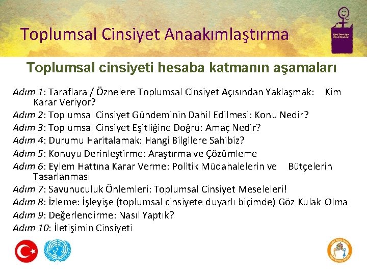 Toplumsal Cinsiyet Anaakımlaştırma Toplumsal cinsiyeti hesaba katmanın aşamaları Adım 1: Taraflara / Öznelere Toplumsal