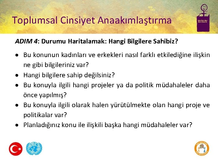 Toplumsal Cinsiyet Anaakımlaştırma ADIM 4: Durumu Haritalamak: Hangi Bilgilere Sahibiz? Bu konunun kadınları ve