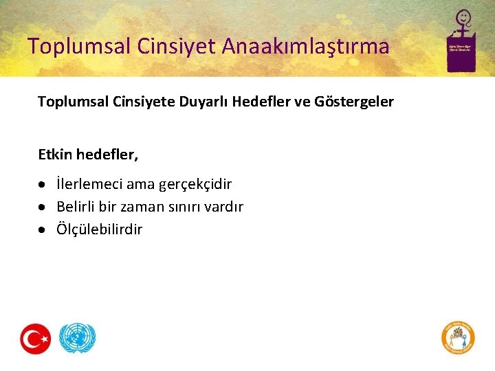 Toplumsal Cinsiyet Anaakımlaştırma Toplumsal Cinsiyete Duyarlı Hedefler ve Göstergeler Etkin hedefler, İlerlemeci ama gerçekçidir