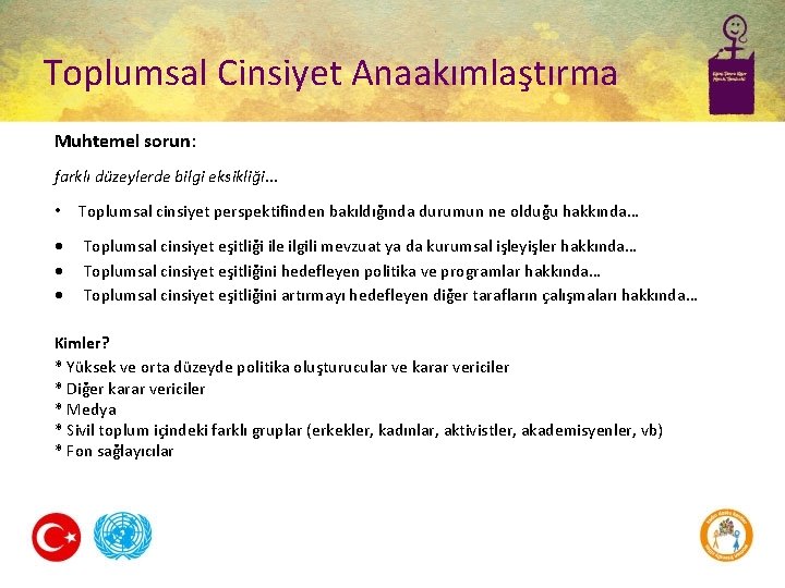 Toplumsal Cinsiyet Anaakımlaştırma Muhtemel sorun: farklı düzeylerde bilgi eksikliği… • Toplumsal cinsiyet perspektifinden bakıldığında