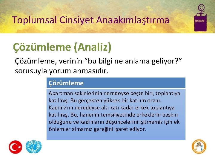 Toplumsal Cinsiyet Anaakımlaştırma Çözümleme (Analiz) Çözümleme, verinin “bu bilgi ne anlama geliyor? ” sorusuyla