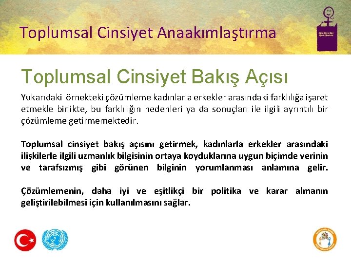 Toplumsal Cinsiyet Anaakımlaştırma Toplumsal Cinsiyet Bakış Açısı Yukarıdaki örnekteki çözümleme kadınlarla erkekler arasındaki farklılığa