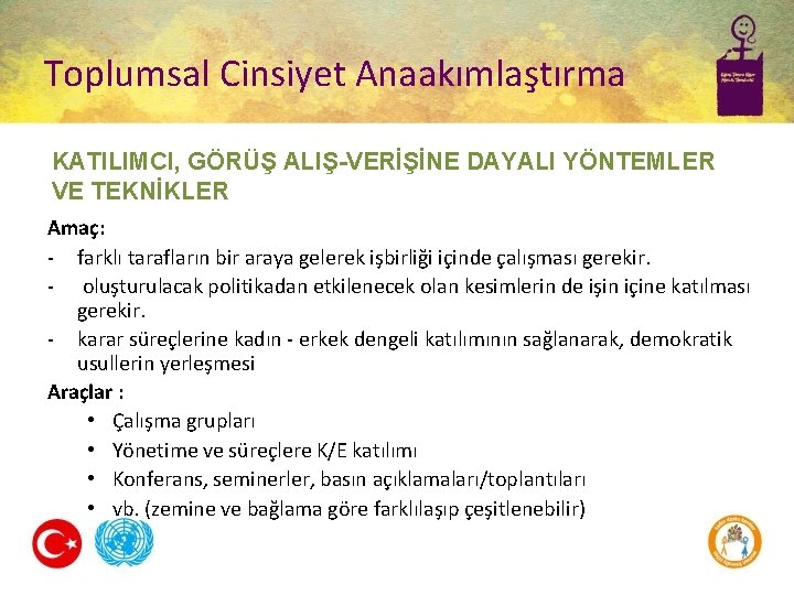 Toplumsal Cinsiyet Anaakımlaştırma KATILIMCI, GÖRÜŞ ALIŞ-VERİŞİNE DAYALI YÖNTEMLER VE TEKNİKLER Amaç: - farklı tarafların