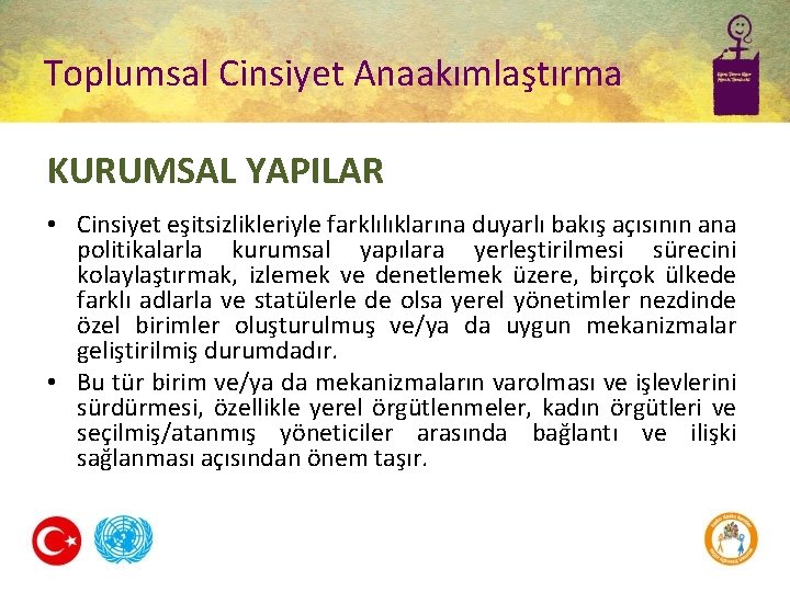 Toplumsal Cinsiyet Anaakımlaştırma KURUMSAL YAPILAR • Cinsiyet eşitsizlikleriyle farklılıklarına duyarlı bakış açısının ana politikalarla