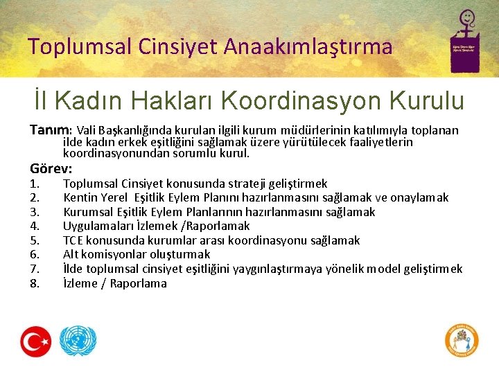 Toplumsal Cinsiyet Anaakımlaştırma İl Kadın Hakları Koordinasyon Kurulu Tanım: Vali Başkanlığında kurulan ilgili kurum