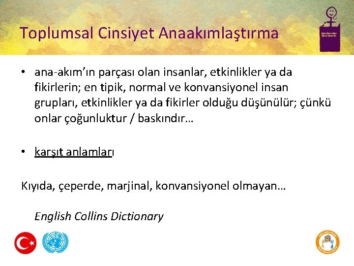 Toplumsal Cinsiyet Anaakımlaştırma • ana-akım’ın parçası olan insanlar, etkinlikler ya da fikirlerin; en tipik,