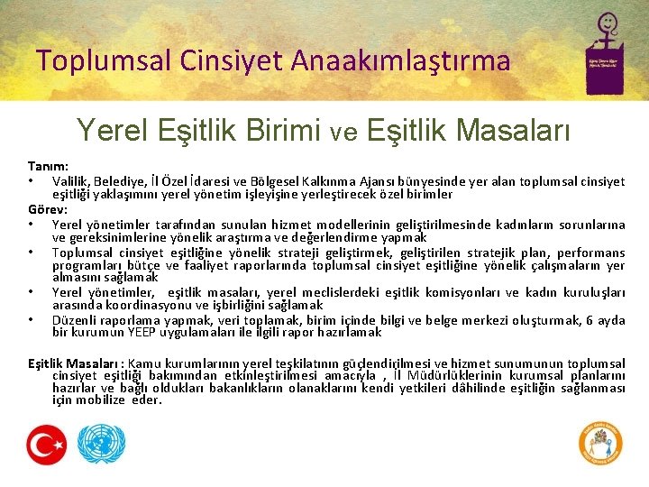 Toplumsal Cinsiyet Anaakımlaştırma Yerel Eşitlik Birimi ve Eşitlik Masaları Tanım: • Valilik, Belediye, İl