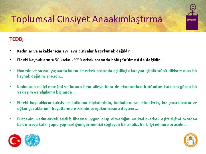 Toplumsal Cinsiyet Anaakımlaştırma TCDB; • Kadınlar ve erkekler için ayrı bütçeler hazırlamak değildir! •