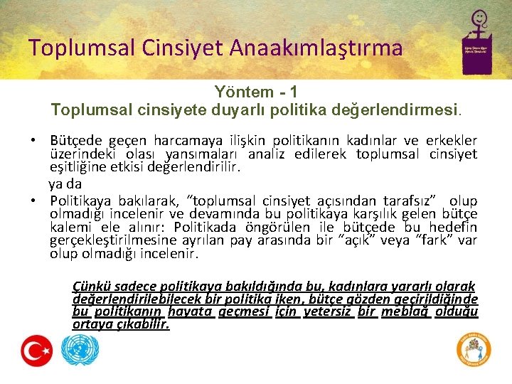 Toplumsal Cinsiyet Anaakımlaştırma Yöntem - 1 Toplumsal cinsiyete duyarlı politika değerlendirmesi. • Bütçede geçen Toplumsal Cinsiyet Anaakımlaştırma Yöntem - 1 Toplumsal cinsiyete duyarlı politika değerlendirmesi. • Bütçede geçen