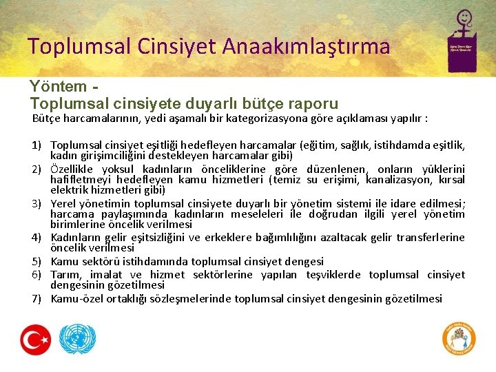 Toplumsal Cinsiyet Anaakımlaştırma Yöntem Toplumsal cinsiyete duyarlı bütçe raporu Bütçe harcamalarının, yedi aşamalı bir