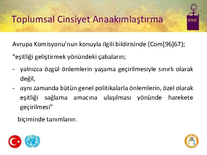 Toplumsal Cinsiyet Anaakımlaştırma Avrupa Komisyonu’nun konuyla ilgili bildirisinde (Com[96]67); “eşitliği geliştirmek yönündeki çabaların; -