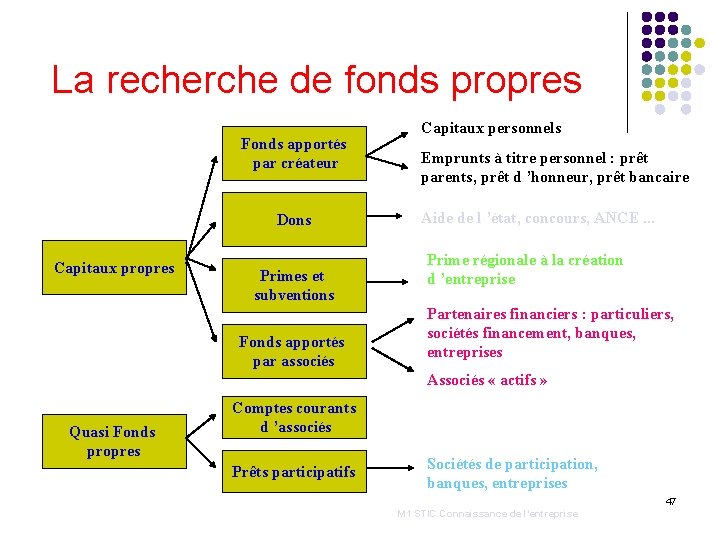 La recherche de fonds propres Fonds apportés par créateur Dons Capitaux propres Primes et