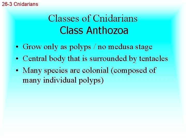 26 -3 Cnidarians Classes of Cnidarians Class Anthozoa • Grow only as polyps /