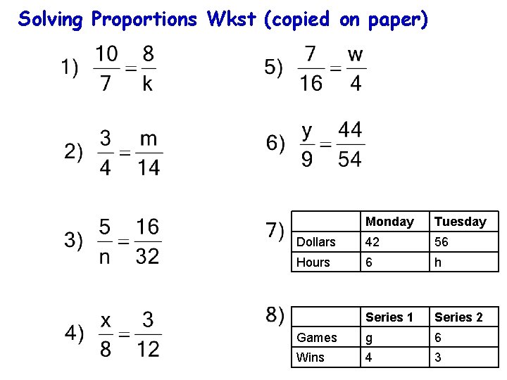 Solving Proportions Wkst (copied on paper) Monday Tuesday Dollars 42 56 Hours 6 h