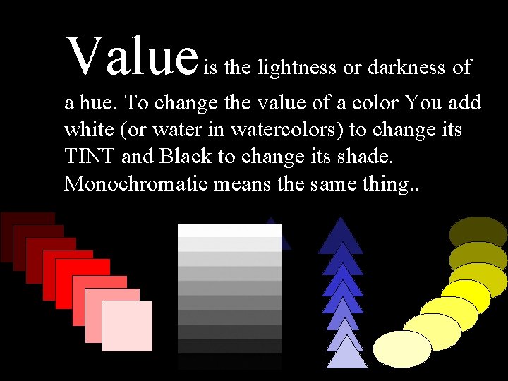 Value is the lightness or darkness of a hue. To change the value of