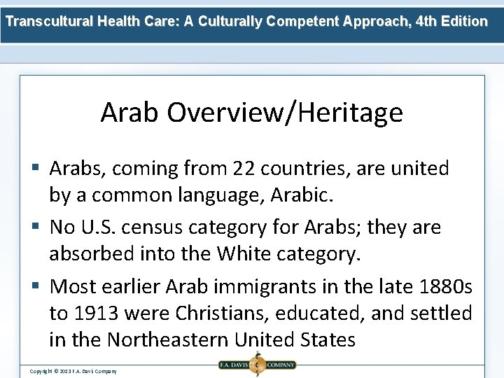 Transcultural Health Care: A Culturally Competent Approach, 4 th Edition Arab Overview/Heritage § Arabs,